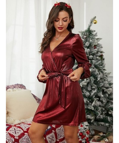 Women's Long Sleeve Metallic Sequin Mini Dress V Neck Sparkle Glitter Party Club Dress Wine Red $27.00 Dresses