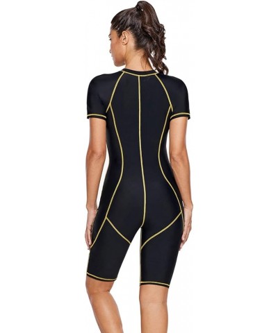 Women One Piece Zip Front Surfing Swimsuit Short Sleeve Rash Guard Athletic Swimwear Boyshorts Bathing Suit Black $22.61 Swim...