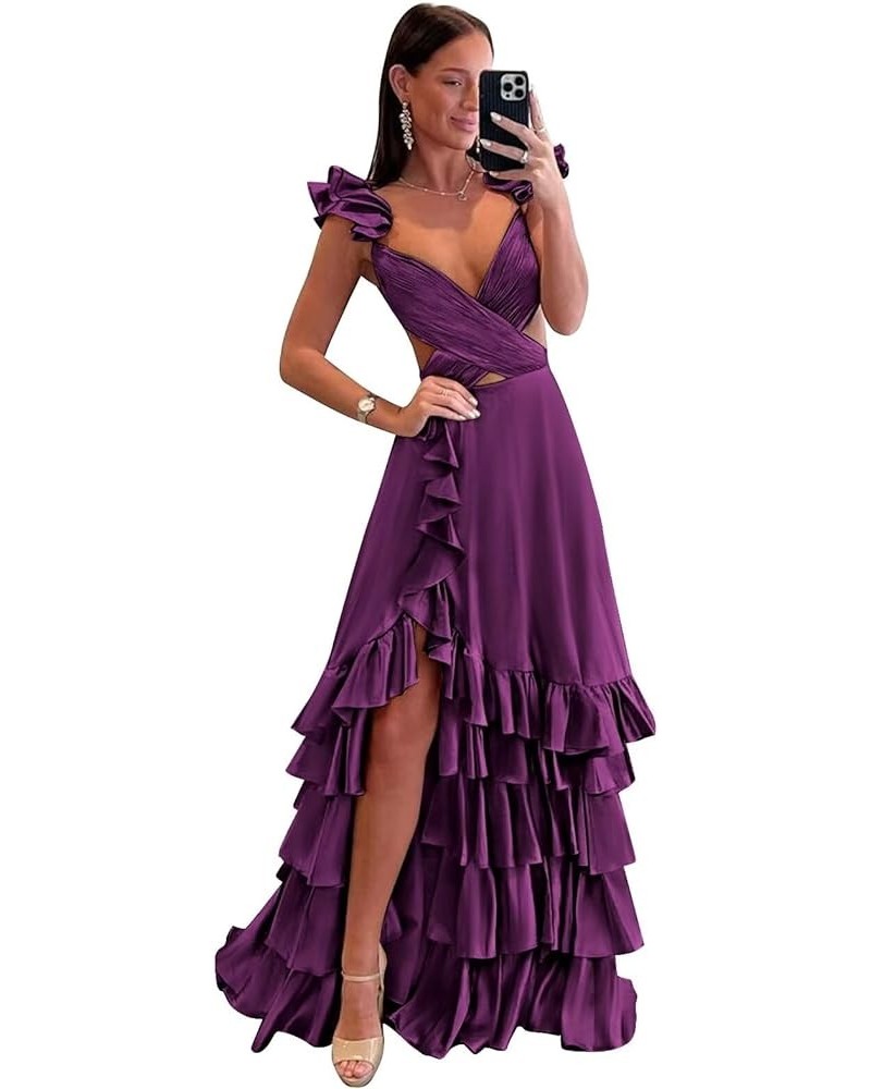 Ruffle Satin Prom Dress 2024 Long Ball Gown Ruched V Neck Formal Evening Dresses with Slit Plum $36.80 Dresses