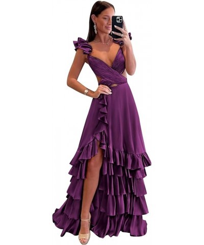 Ruffle Satin Prom Dress 2024 Long Ball Gown Ruched V Neck Formal Evening Dresses with Slit Plum $36.80 Dresses