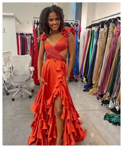 Ruffle Satin Prom Dress 2024 Long Ball Gown Ruched V Neck Formal Evening Dresses with Slit Plum $36.80 Dresses