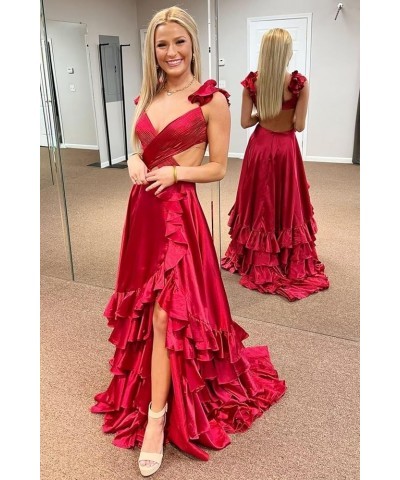 Ruffle Satin Prom Dress 2024 Long Ball Gown Ruched V Neck Formal Evening Dresses with Slit Plum $36.80 Dresses