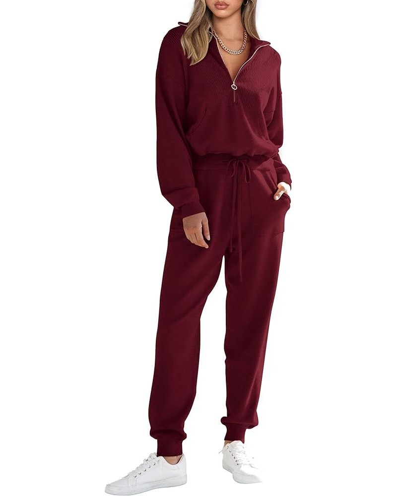 Women's 2 Piece Sweater Set Pullover Zip Up Sweatshirt Jogger Sweatpants Tracksuit Casual Outfit Wine Red $28.00 Activewear