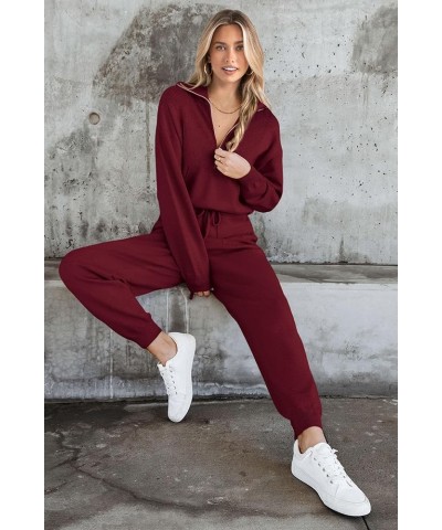 Women's 2 Piece Sweater Set Pullover Zip Up Sweatshirt Jogger Sweatpants Tracksuit Casual Outfit Wine Red $28.00 Activewear