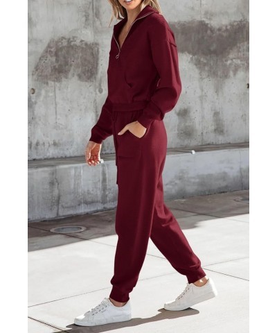 Women's 2 Piece Sweater Set Pullover Zip Up Sweatshirt Jogger Sweatpants Tracksuit Casual Outfit Wine Red $28.00 Activewear