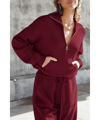 Women's 2 Piece Sweater Set Pullover Zip Up Sweatshirt Jogger Sweatpants Tracksuit Casual Outfit Wine Red $28.00 Activewear