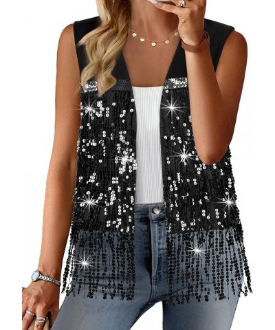 Womens Sequin Fringe Sleeveless Vest Sparkly Lightweight Fitted Jacket Cardigan Black $18.89 Vests