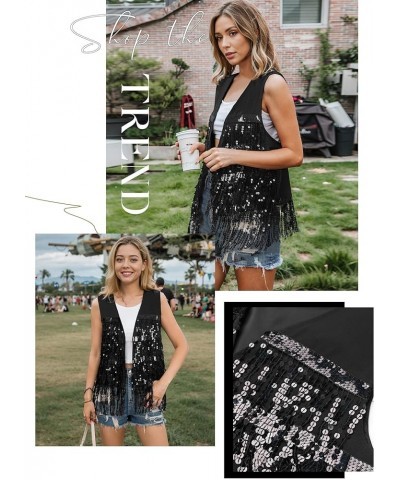 Womens Sequin Fringe Sleeveless Vest Sparkly Lightweight Fitted Jacket Cardigan Black $18.89 Vests