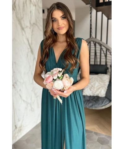 Spaghetti Strap Bridesmaid Dresses for Women 2023 Long Chiffon A Line V Neck Side Slit Prom Evening Gown for Wedding Light Pi...