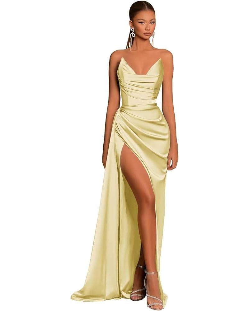 Mermaid Satin Prom Dresses Long with Slit Bridesmaid Dresses V Neck Strapless Women’s Formal Evening Gowns Yellow $35.77 Dresses