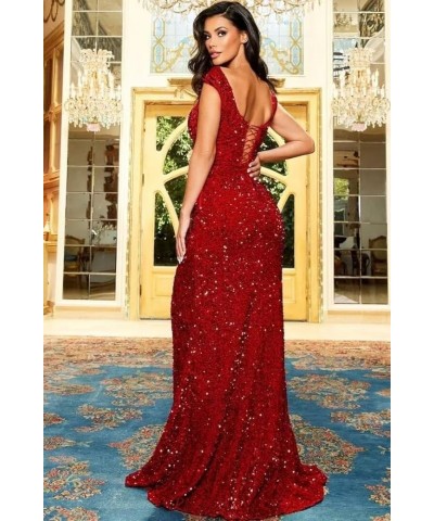 Mermaid Prom Dresses Long with Slit Sparkly Sequin Off Shoulder Formal Evening Ball Gowns for Women 2024 Burgundy $36.00 Dresses