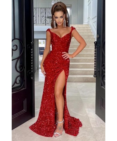 Mermaid Prom Dresses Long with Slit Sparkly Sequin Off Shoulder Formal Evening Ball Gowns for Women 2024 Burgundy $36.00 Dresses