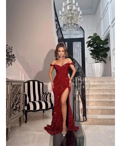 Mermaid Prom Dresses Long with Slit Sparkly Sequin Off Shoulder Formal Evening Ball Gowns for Women 2024 Burgundy $36.00 Dresses