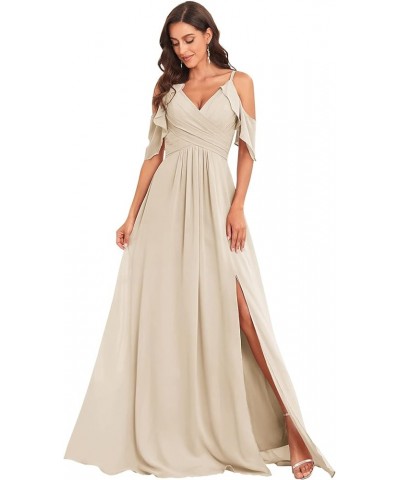 Women's Cold Shoulder Long Chiffon Bridesmaid Dresses for Wedding Pleated Formal Gown with Slit Champagne $40.00 Dresses