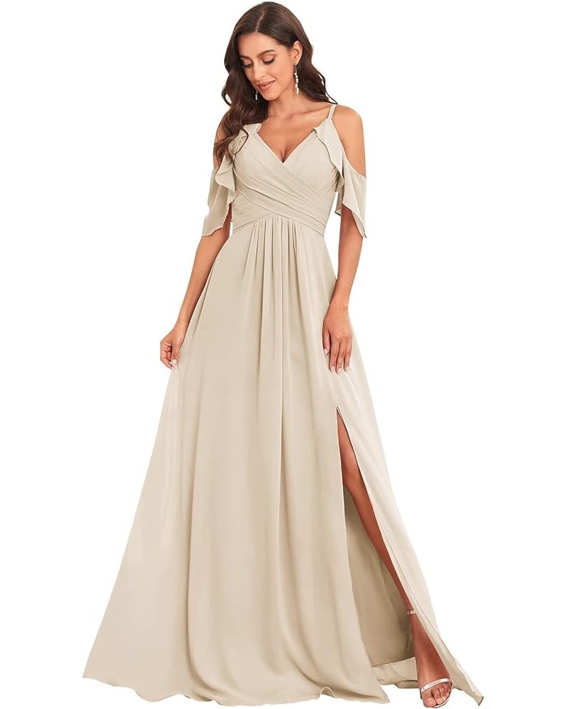 Women's Cold Shoulder Long Chiffon Bridesmaid Dresses for Wedding Pleated Formal Gown with Slit Champagne $40.00 Dresses