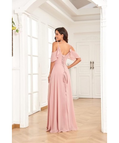 Women's Cold Shoulder Long Chiffon Bridesmaid Dresses for Wedding Pleated Formal Gown with Slit Champagne $40.00 Dresses