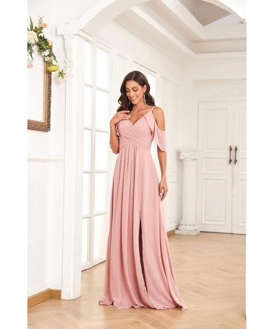 Women's Cold Shoulder Long Chiffon Bridesmaid Dresses for Wedding Pleated Formal Gown with Slit Champagne $40.00 Dresses