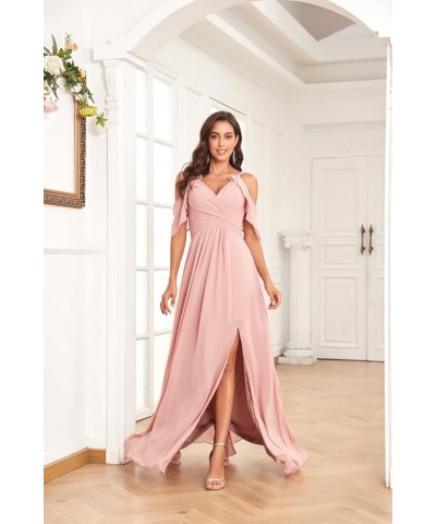 Women's Cold Shoulder Long Chiffon Bridesmaid Dresses for Wedding Pleated Formal Gown with Slit Champagne $40.00 Dresses