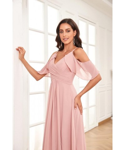 Women's Cold Shoulder Long Chiffon Bridesmaid Dresses for Wedding Pleated Formal Gown with Slit Champagne $40.00 Dresses