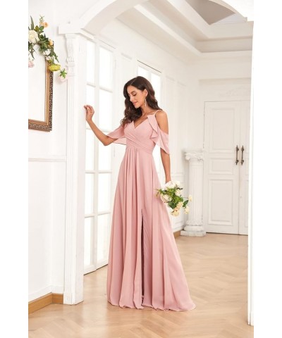 Women's Cold Shoulder Long Chiffon Bridesmaid Dresses for Wedding Pleated Formal Gown with Slit Champagne $40.00 Dresses