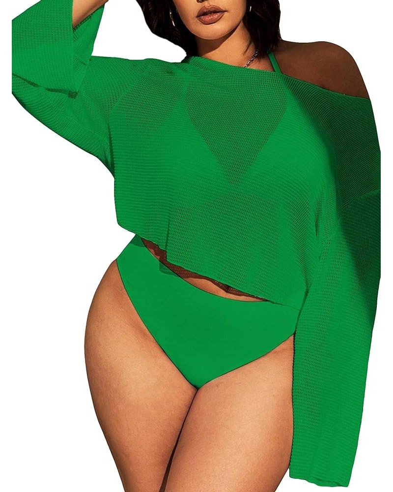 Women's Plus Size Sheer Mesh Swim Beach Cover Up Hollow Out Long Sleeve Crop Cover Up Top Green $15.68 Swimsuits