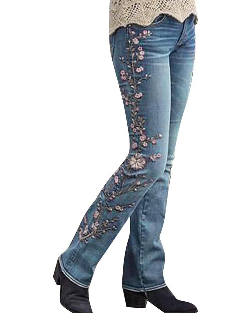 Women Retro Jeans High Waisted with Pocket Slim Fit Boot Cut Jeans for Women Flower Embroidered Jeans Trousers Blue 2 $16.25 ...