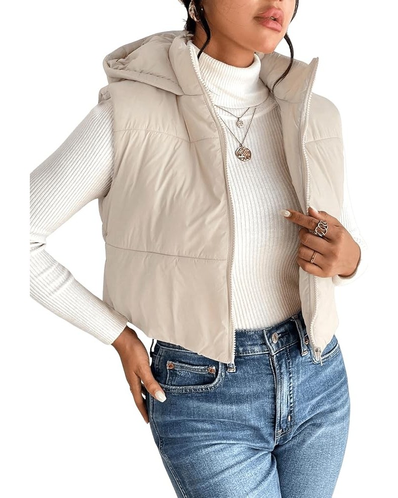 Women's Zip Up Hooded Vest Solid Collar Puffer Coat Casual Lightweight Sleeveless Hoodies Apricot $7.50 Vests