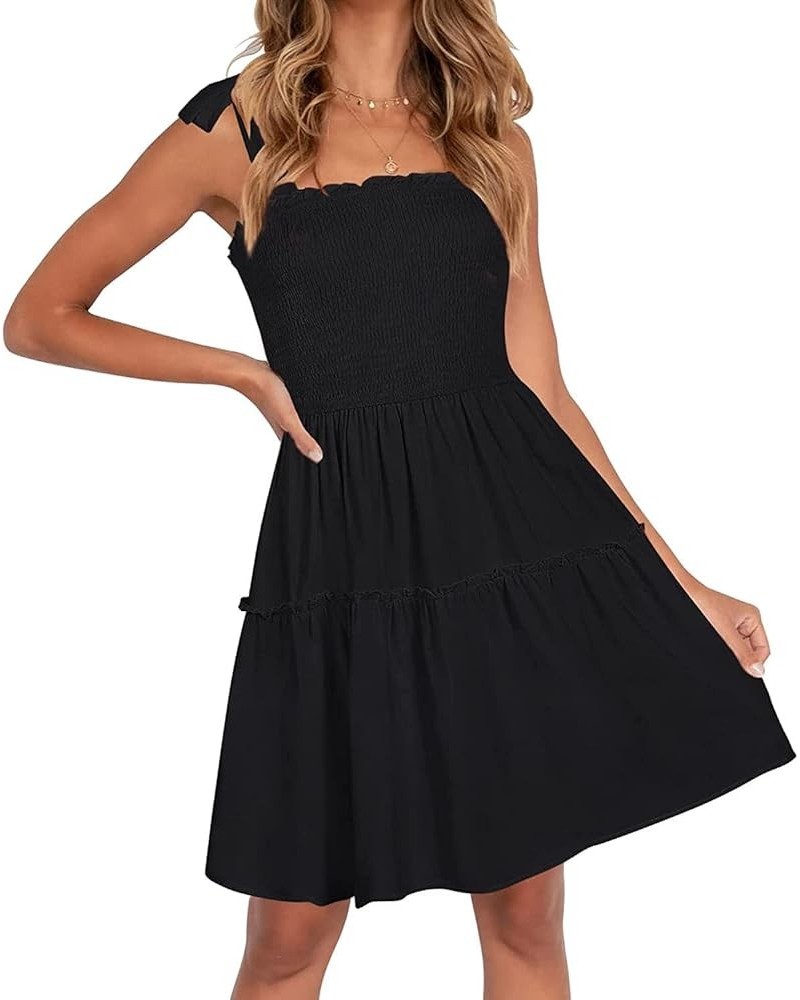 Women's Summer Spaghetti Strap Sleeveless Square Neck Ruffle A Line Swing Mini Dress Black $20.25 Dresses