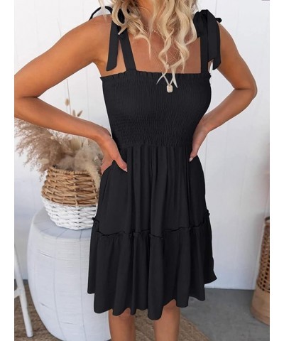 Women's Summer Spaghetti Strap Sleeveless Square Neck Ruffle A Line Swing Mini Dress Black $20.25 Dresses