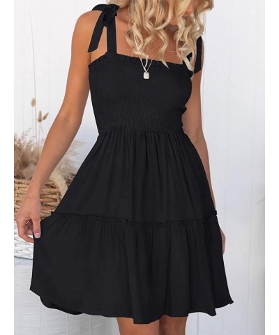 Women's Summer Spaghetti Strap Sleeveless Square Neck Ruffle A Line Swing Mini Dress Black $20.25 Dresses