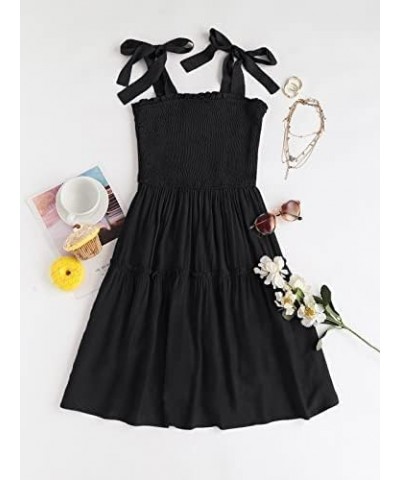 Women's Summer Spaghetti Strap Sleeveless Square Neck Ruffle A Line Swing Mini Dress Black $20.25 Dresses