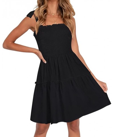 Women's Summer Spaghetti Strap Sleeveless Square Neck Ruffle A Line Swing Mini Dress Black $20.25 Dresses