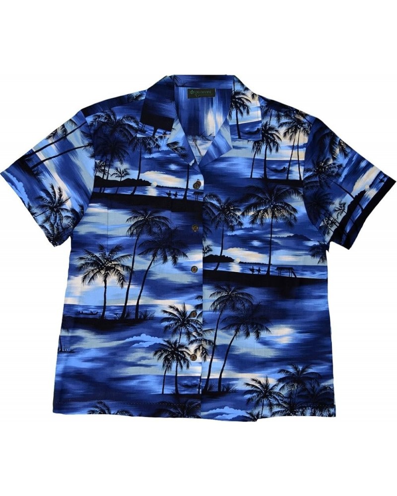 Women's Waimea Sunset Hawaiian Camp Shirt Blue $21.78 Blouses