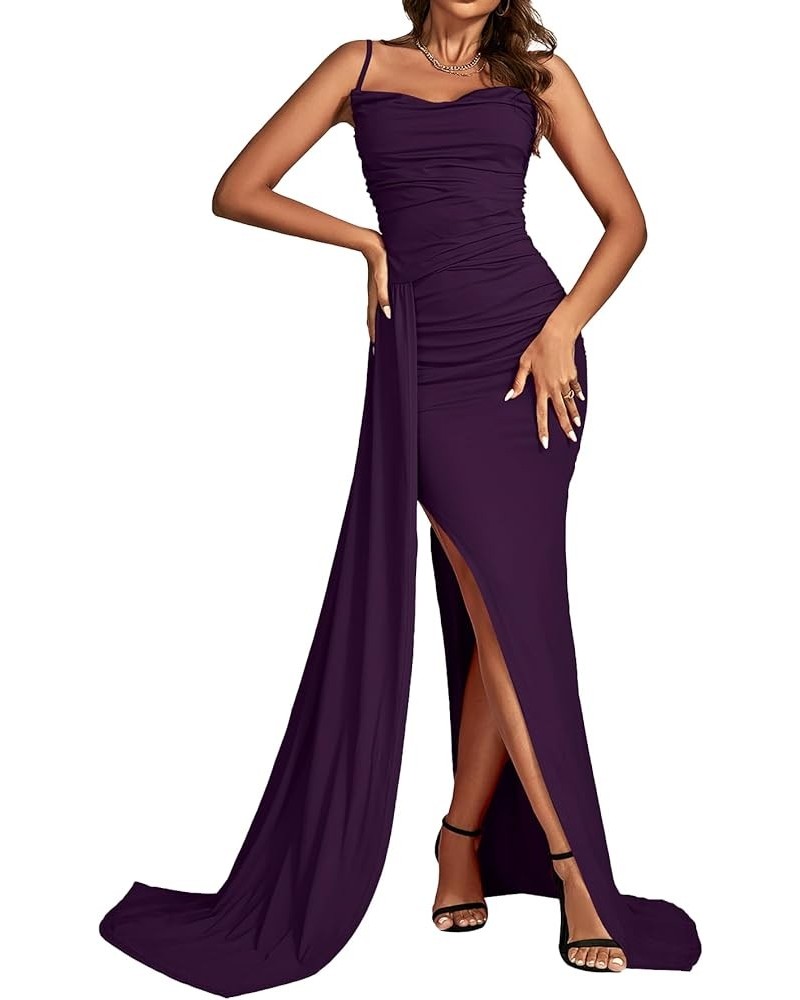 Women's Spaghetti Strap High Split Slit Ruched Bodycon Sexy Cocktail Maxi Dress Solid Dark Purple $22.89 Dresses