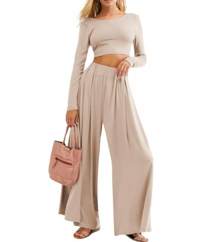 Womens 2 Piece Set Soft Alia Lounge Set Casual Outfits Backless Crop Top Wide Leg Pants Loungewear Set with Pockets Apricot $...