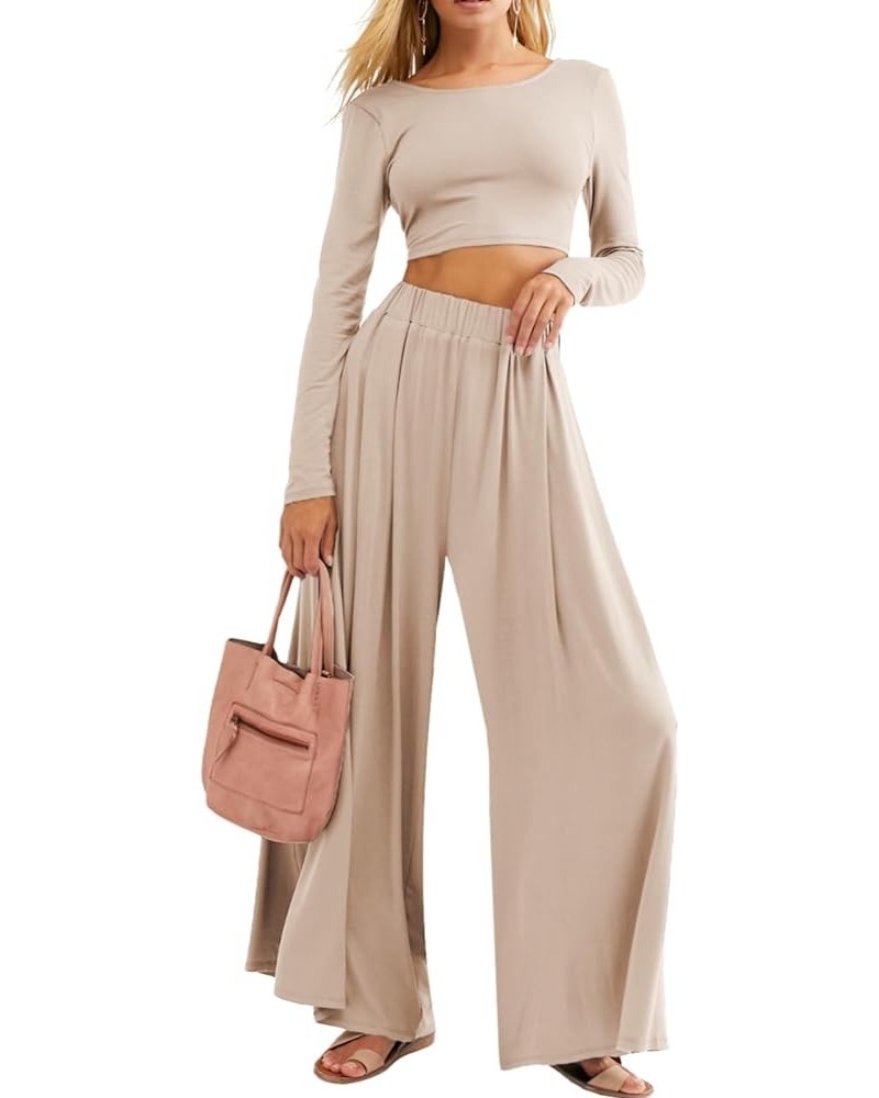 Womens 2 Piece Set Soft Alia Lounge Set Casual Outfits Backless Crop Top Wide Leg Pants Loungewear Set with Pockets Apricot $...