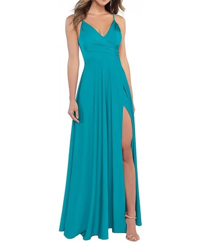 Bridesmaid Dresses Long Satin V Neck Formal Wedding Party Evening Prom Gowns with Slit… Peacock $29.31 Dresses