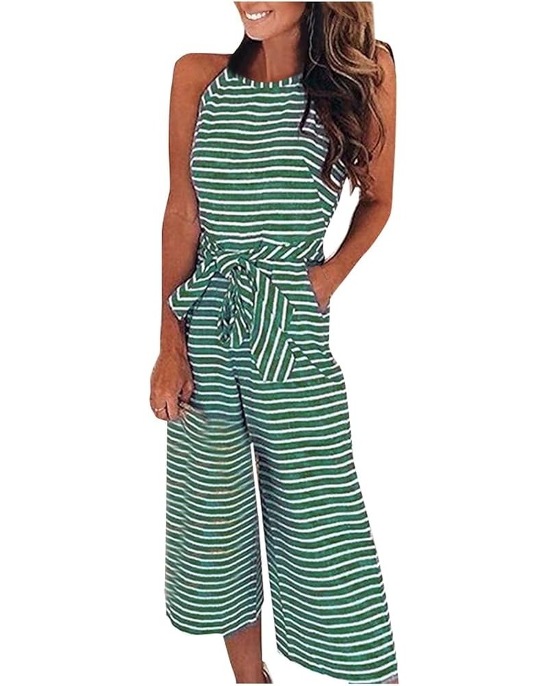 Women's Jumpsuits 2023 Fashion Slim Sexy Pocket Striped Round Neck Sleeveless Jumpsuit Jumpsuits Green $10.25 Jumpsuits