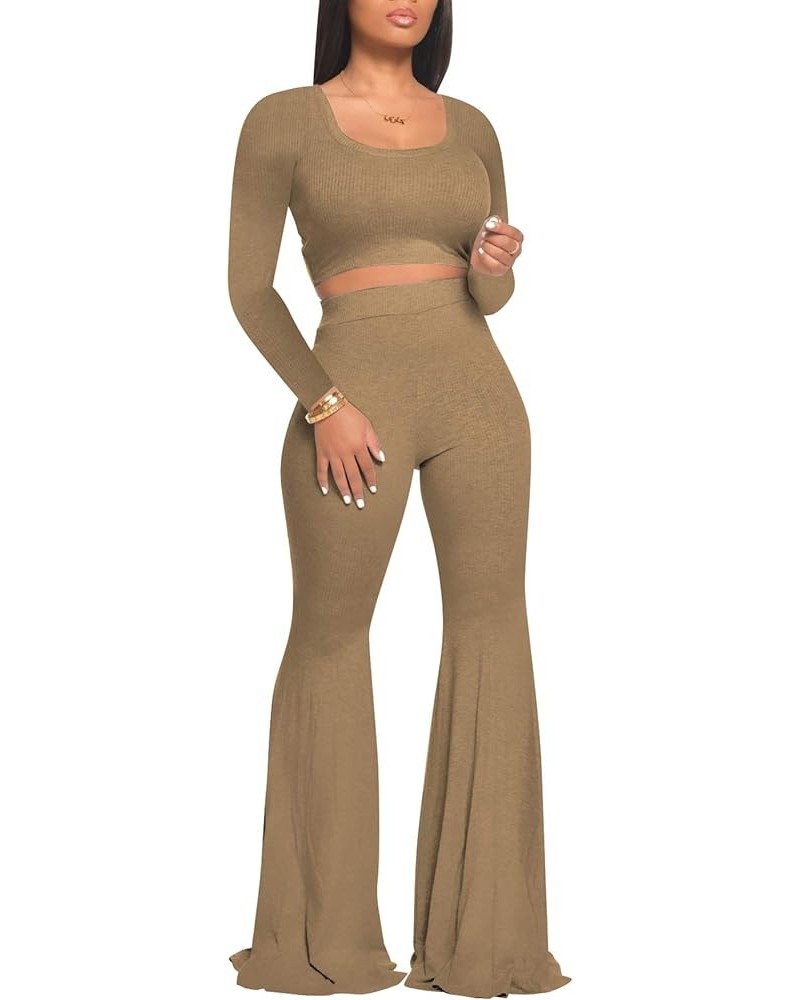 Two Piece Outfits for Women Sexy Crop Top + Flared Long Pants Sweat Suits Ribbed Fitted Tracksuits Yoga Set Khaki $18.45 Acti...