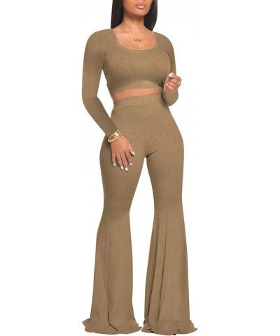 Two Piece Outfits for Women Sexy Crop Top + Flared Long Pants Sweat Suits Ribbed Fitted Tracksuits Yoga Set Khaki $18.45 Acti...