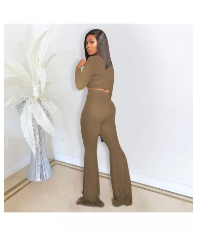 Two Piece Outfits for Women Sexy Crop Top + Flared Long Pants Sweat Suits Ribbed Fitted Tracksuits Yoga Set Khaki $18.45 Acti...