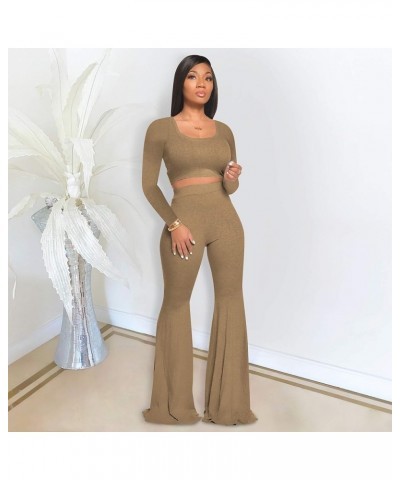 Two Piece Outfits for Women Sexy Crop Top + Flared Long Pants Sweat Suits Ribbed Fitted Tracksuits Yoga Set Khaki $18.45 Acti...