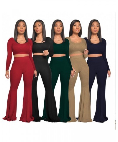 Two Piece Outfits for Women Sexy Crop Top + Flared Long Pants Sweat Suits Ribbed Fitted Tracksuits Yoga Set Khaki $18.45 Acti...