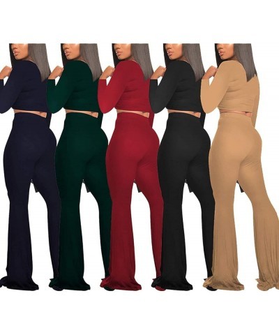 Two Piece Outfits for Women Sexy Crop Top + Flared Long Pants Sweat Suits Ribbed Fitted Tracksuits Yoga Set Khaki $18.45 Acti...