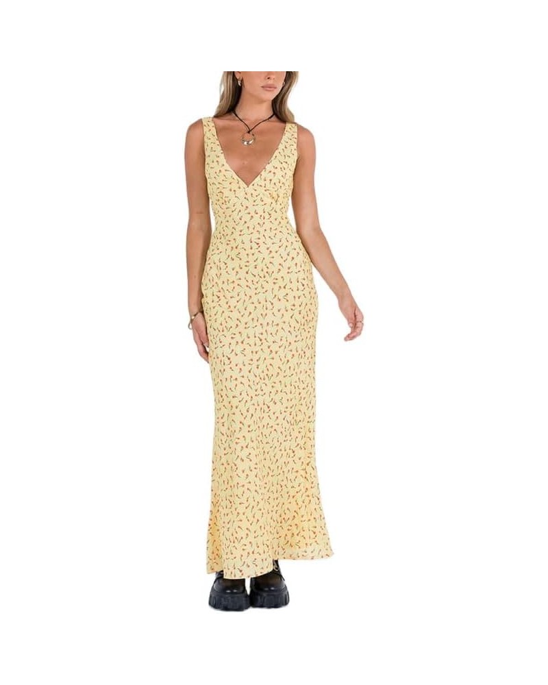 Women Bodycon Floral Print Spaghetti Strap Maxi Dress Vintage Backless Low Cut Split Long Dresses Summer Midi Dress R-yellow ...