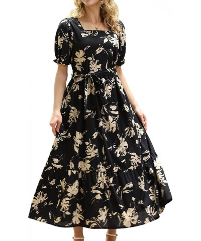 Women's 2023 Summer Casual Square Neck Floral Dress Ruffle Puff Short Sleeve Belted Maxi Dress with Pockets E16 E16 as Pictur...