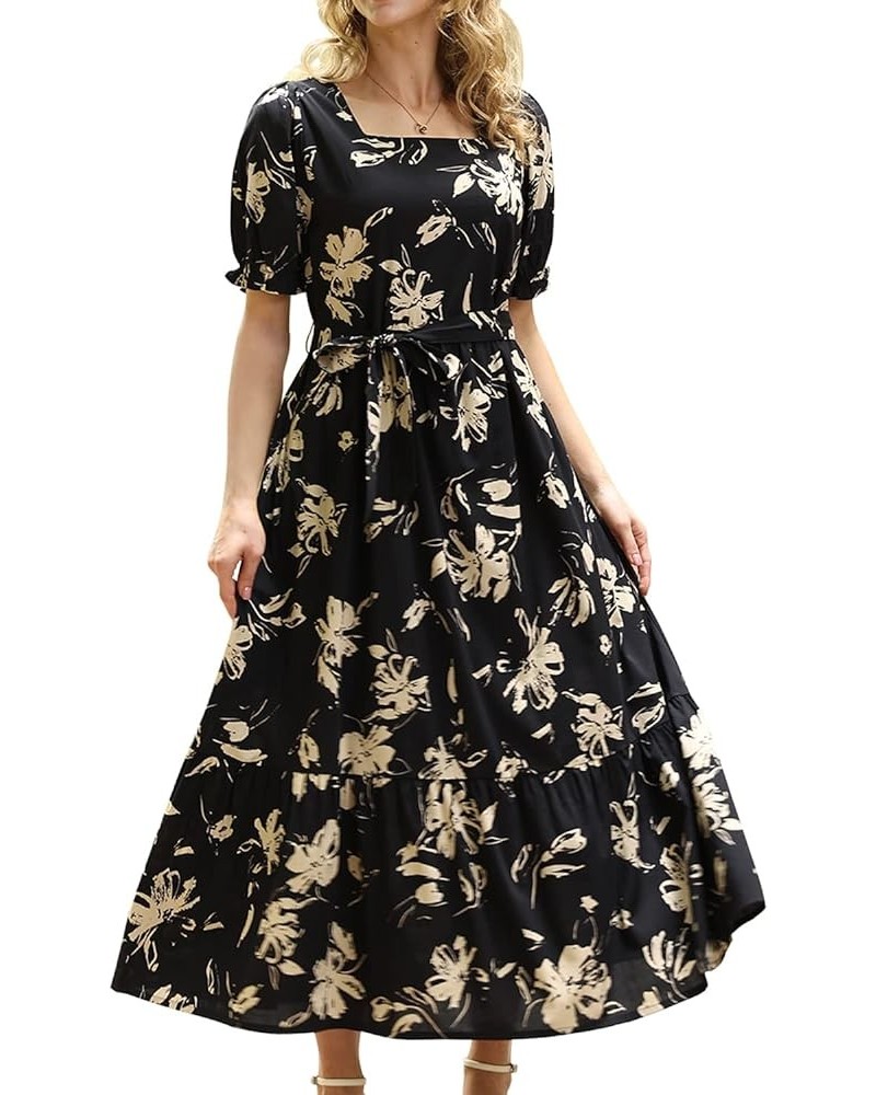 Women's 2023 Summer Casual Square Neck Floral Dress Ruffle Puff Short Sleeve Belted Maxi Dress with Pockets E16 E16 as Pictur...