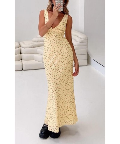 Women Bodycon Floral Print Spaghetti Strap Maxi Dress Vintage Backless Low Cut Split Long Dresses Summer Midi Dress R-yellow ...