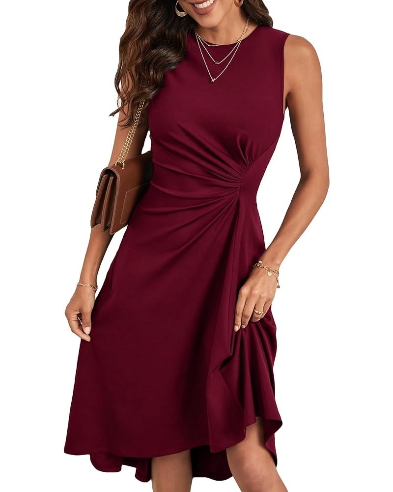 Women's Sleeveless Crew Neck Ruched Front Asymmetrical Hem Midi Dress Burgundy $12.10 Dresses