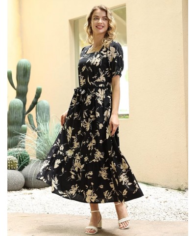 Women's 2023 Summer Casual Square Neck Floral Dress Ruffle Puff Short Sleeve Belted Maxi Dress with Pockets E16 E16 as Pictur...